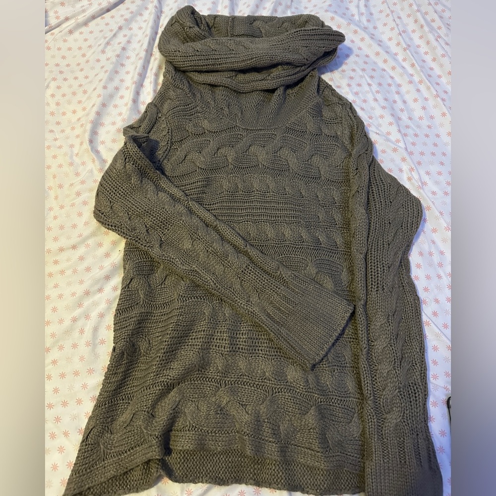 Brown chunky knit sweater with oversized turtle neck